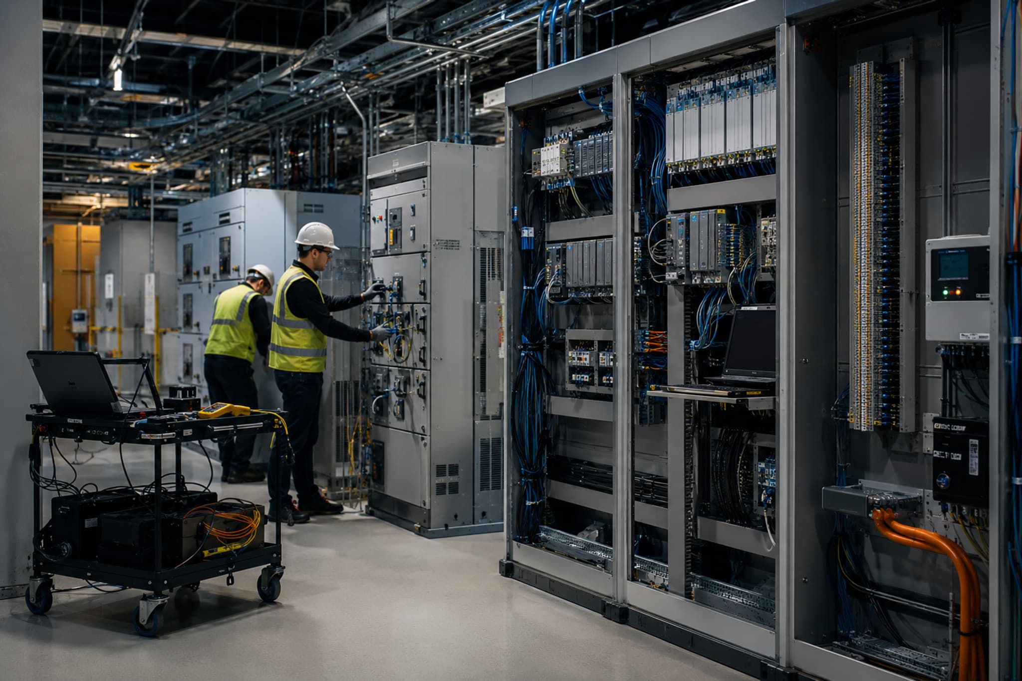 Mission-critical computing and control infrastructure with dense equipment and cabling.