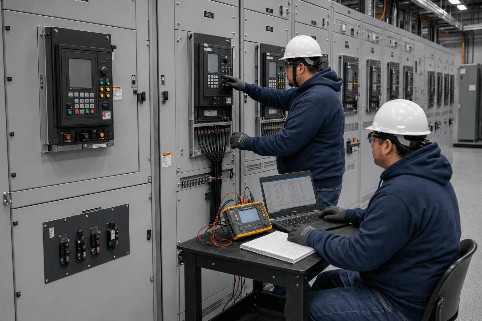 Technicians commissioning electrical switchgear and protection controls with calibrated test equipment.