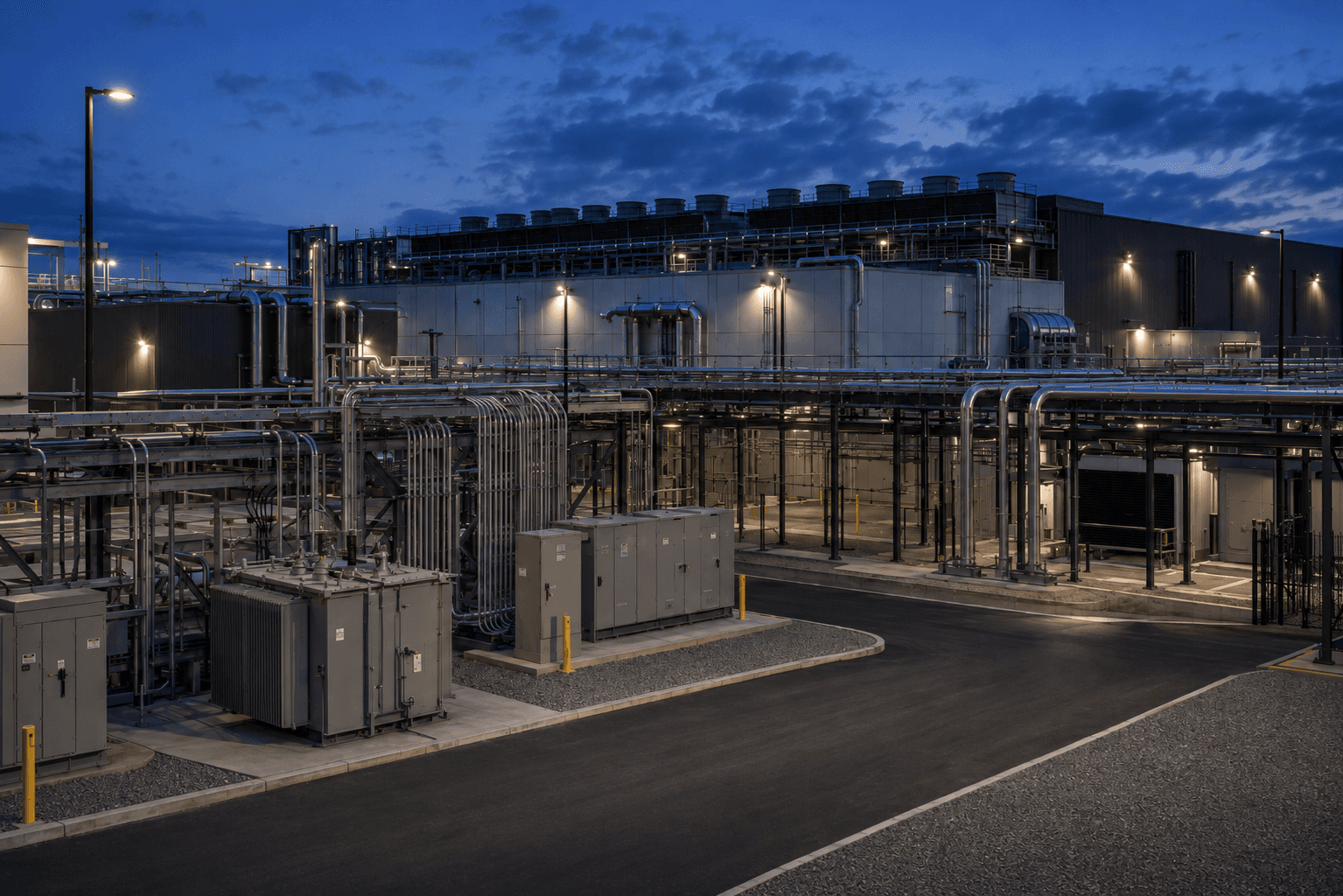 Data-center utility and mechanical infrastructure at blue hour with dense power and cooling interfaces.