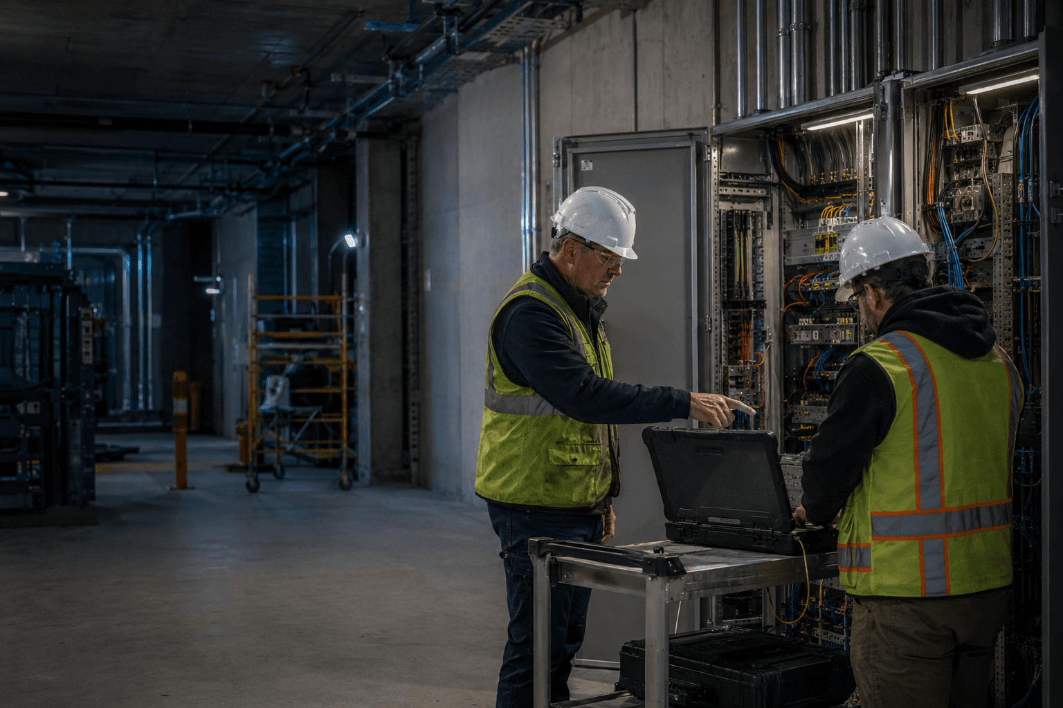 Controls engineer and field technician validating integrated electrical and control equipment on an active mission-critical site.